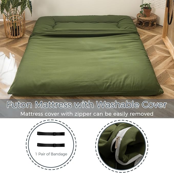 MAXYOYO 6" Extra Thick Japanese Foldable Tatami Pad Mattress for Adults & Guests, Olive Green, Twin