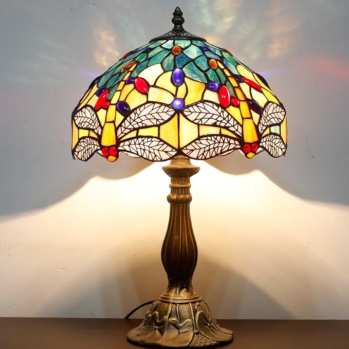 WERFACTORY Tiffany Lamp Sea Blue Yellow Stained Glass Dragonfly Style Table Lamp Nautical Reading Desk Bedside Light 12X12X18 Inches Decor Bedroom Living Room Home Office S128 Series
