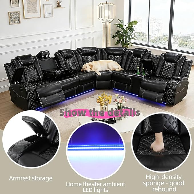Power Reclining Sectional Sofa with LED, Leather Recliner Couch for Living Room/Home Theater, Sectional Reclining Couches with USB Port/Hide-Away Storage