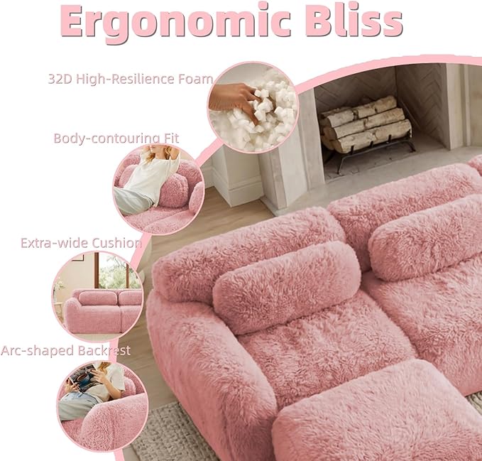 149" Modular Sectional Sofa, Modern Sectional Couch, U-Shape Boneless Couch for Living Room Apartments Bedroom, 32D High Density Sponge Lounge Sofa, No Assembly Required, Pink