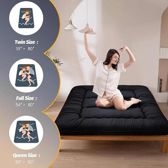 MAXYOYO 6" Thick Japanese Floor Mattress Futon Mattress, Foldable Tatami Pad for Adults, Roll Up Floor Bed for Guest Room Bedroom RV, Black, Queen