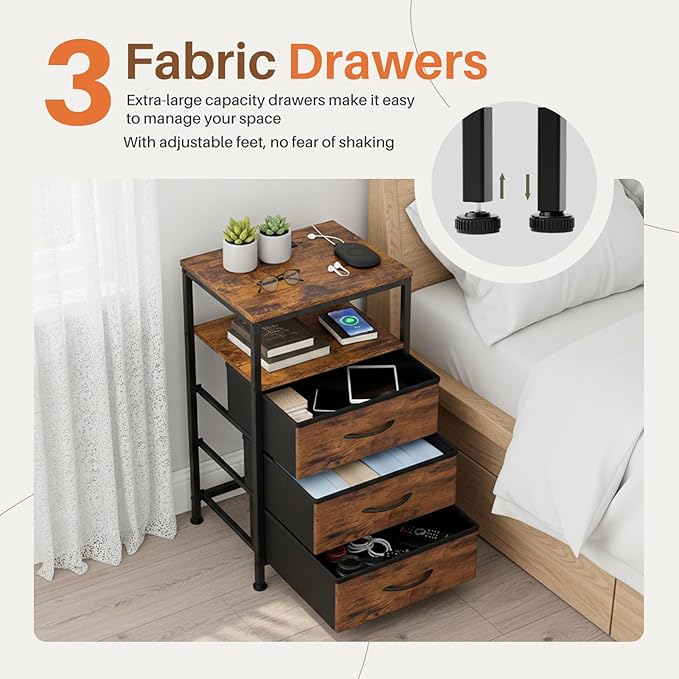 Sweetcrispy Nightstand with Charging Station, Bedside End Table with 3 Fabric Drawers & USB/Type-C Ports and Outlets, Night Stand for Bedroom Furniture, Adjustable Feet and Variable Light Strip, Rust