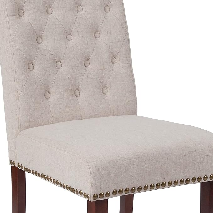 Flash Furniture Set of 2 HERCULES Series Beige Fabric Parsons Chair with Rolled Back, Accent Nail Trim and Walnut Finish