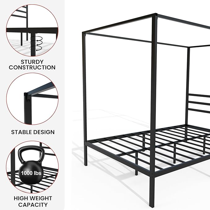 Golden Gate Beds Canopy Metal Bed Frame with Headboard – Wrought Iron Platform Design, Sturdy Slatted Base, No Box Spring Needed, Underbed Storage Space – Full, Black