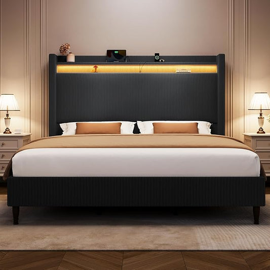 King Size Bed Frame with Tall Headboard, 55.3" Corduroy Upholstered Platform Bedframe with LED Lights & Charging Station, King Beds Wingback Storage Headboard, No Box Spring Needed, Wood Slats, Black