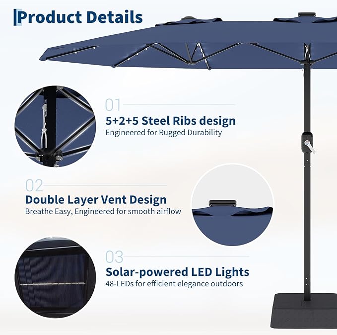 GarveeLife 15 FT Patio Umbrella with Base Included, Patio Table Umbrella with solar lights, 10 Sturdy Ribs UV Protection Waterproof for Garden, Pool, Deck, Backyard (Navy)