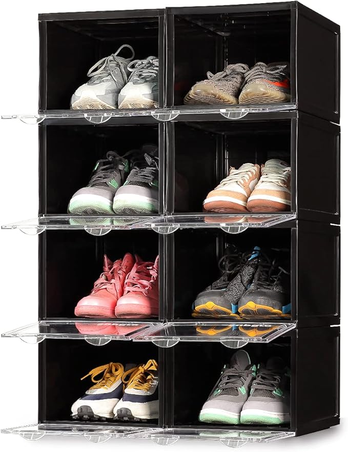 SupBro Collection Crate - Easy Access Storage Shoes Box -Plastic Foldable Stackable Sneaker Display Storage with Clear Front Door Organizer-8 Pack (Black)