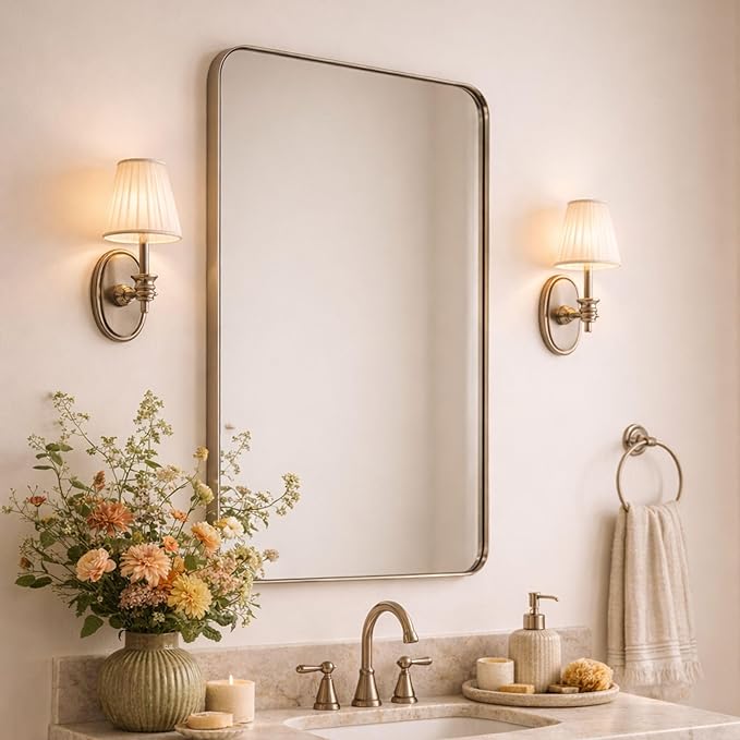 GRACTO 24x30'' Brushed Nickel Metal Framed Bathroom Mirror for Wall in Stainless Steel Rounded Rectangular Bathroom Vanity Mirrors Wall Mounted