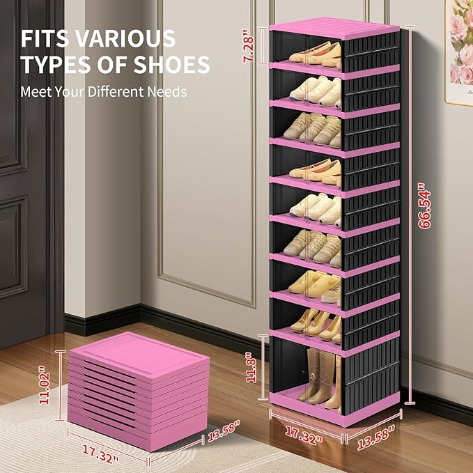 9-Tier Foldable Shoe Rack Organizer for Closet,18 Pairs Collapsible Plastic Shoe Shelf,Clear Stackable Shoe Storage Boxes with Door Easy Assembly,Shoe Cabinet with Lids Large（Black-Pink）