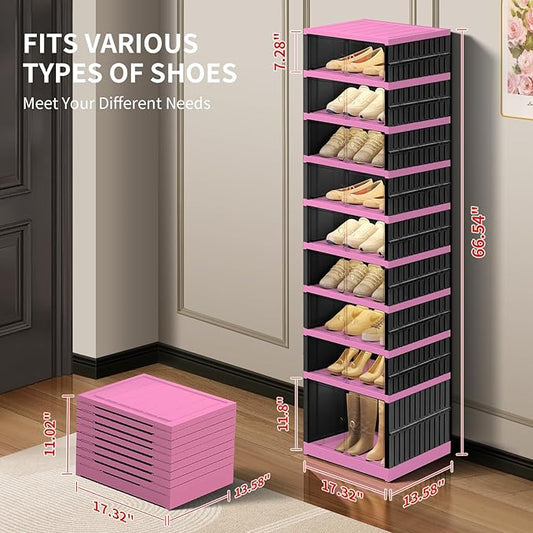 9-Tier Foldable Shoe Rack Organizer for Closet,18 Pairs Collapsible Plastic Shoe Shelf,Clear Stackable Shoe Storage Boxes with Door Easy Assembly,Shoe Cabinet with Lids Large（Black-Pink）