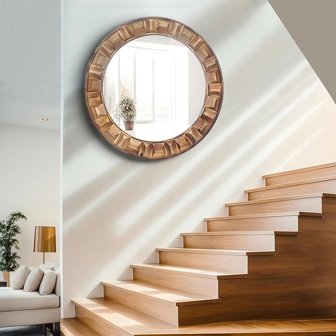 30 Inch Dark Solid Wood Round Wall Mirror, Brown Wooden Decorative Circle Mirror for Bathroom, Bedroom, Living Room, Entryway, Hallway, or Foyer