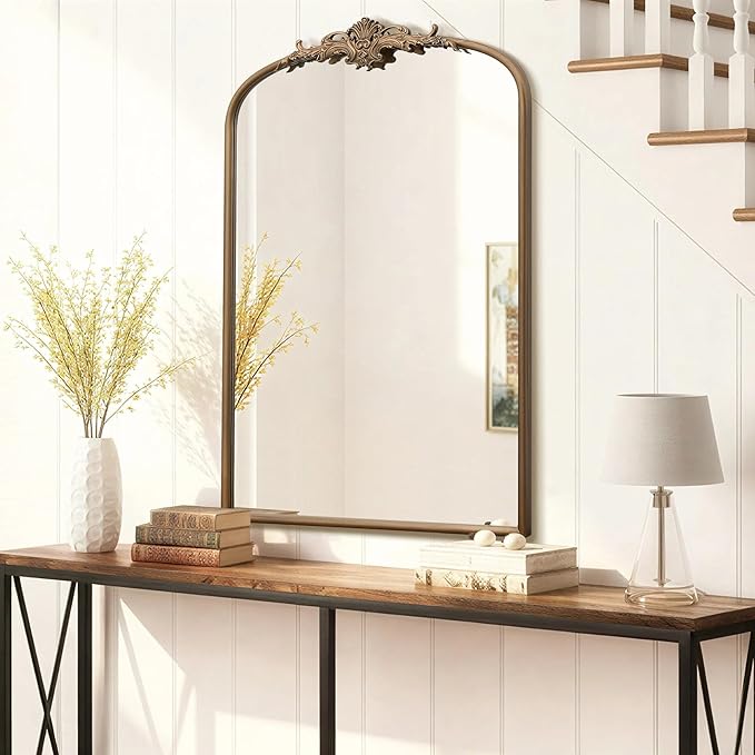 Besdomus Antique Gold Arched Mirror: 24"x36" Large Arch Gold Vintage Wall Mounted Mirror - Traditional Ornate Home Decor for Entryway/Fireplace/Bathroom/Bedroom - Idea for Fashion-Conscious