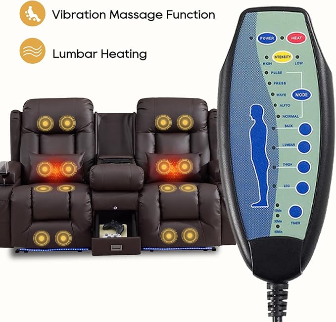 IPKIG Power Recliner Sofa with Flip-Up Backrest Console, USB & USB-C Ports, AC Outlet, LED Lights, Wall Hugger Recliners for Living Room, RV (Chestnut, 67" - 3 Seat) | Breathable Leather, Zero Gravity, Dual Reclining, 2 Lumabr Pillow, Bluetooth Speakers