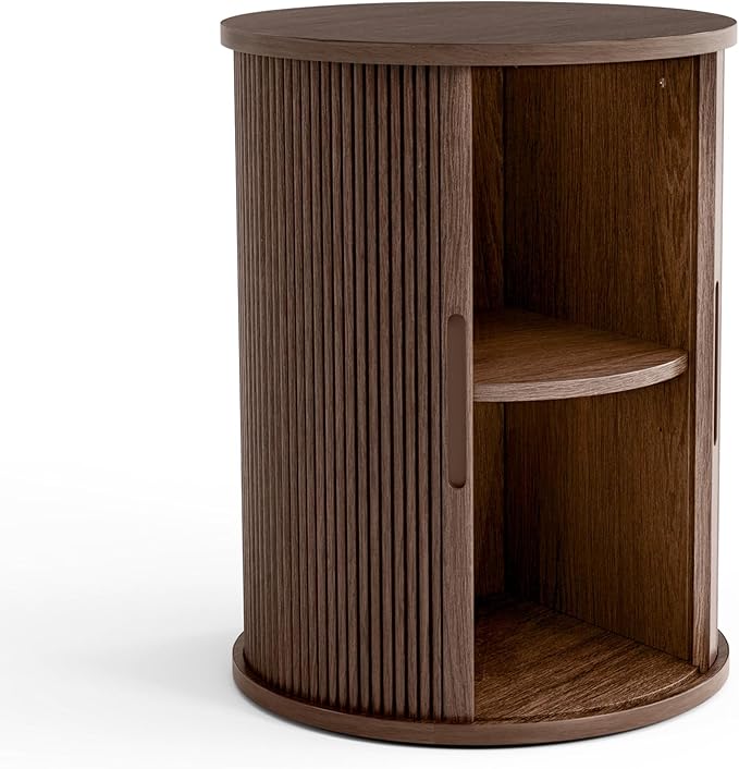 LINSY HOME Round End Table, Fluted Side Table with Sliding Tambour Door and Storage Shelf, Mid Century Modern Circular Nightstand for Bedroom, Wood Boho Tall Bedside Cabinet for Small Space, Walnut