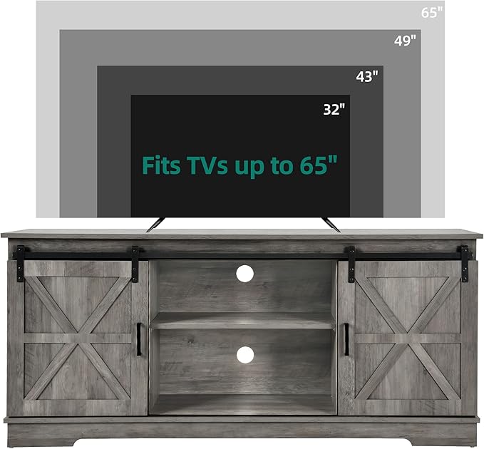 YITAHOME Farmhouse TV Stand for 65/60/55 Inch, Modern Entertainment Center with Sliding Barn Door, Wood TV Media Console Storage TV Cabinet for Living Room for 300lbs, Rustic Grey