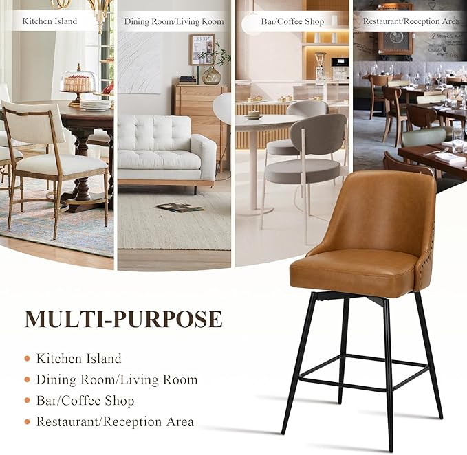 Bar Stools Set of 4, 26" Swivel Counter Height Chairs with Back,Thick Padded Seat & Footrest,Modern Faux Leather Barstool for Kitchen Island,Dining Room,Pub,Brown