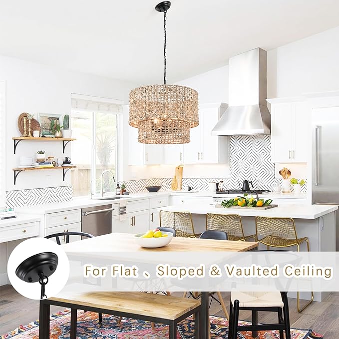 5-Light Boho Rattan Chandelier Light Fixture 19" Large Hand Woven Rustic Chandeliers Farmhouse Drum Hanging Light for Living Room Dining Room Kitchen Island Foyer Entryway, E12