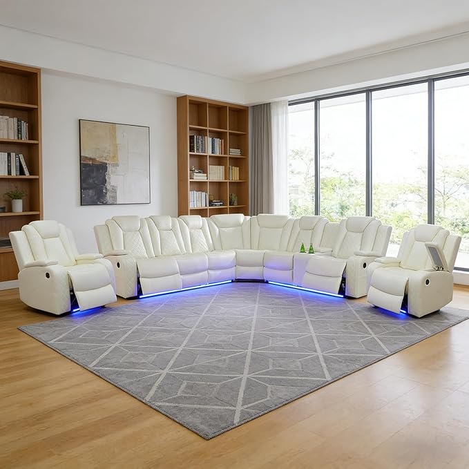 Power Recliner Sectional Sofa Set, Creamy Leather Sectional Couch and 2 Chairs for Living Room, L Shape Reclining Sofa with Cup Holder, Hidden Storage, Coffee Table for House(7 Seat)