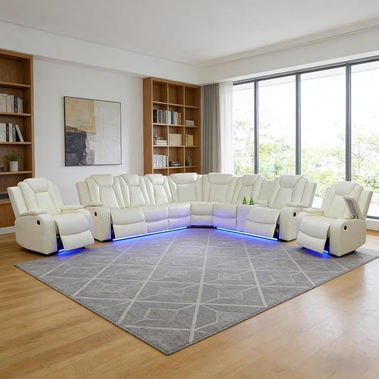 Power Recliner Sectional Sofa Set, Creamy Leather Sectional Couch and 2 Chairs for Living Room, L Shape Reclining Sofa with Cup Holder, Hidden Storage, Coffee Table for House(7 Seat)