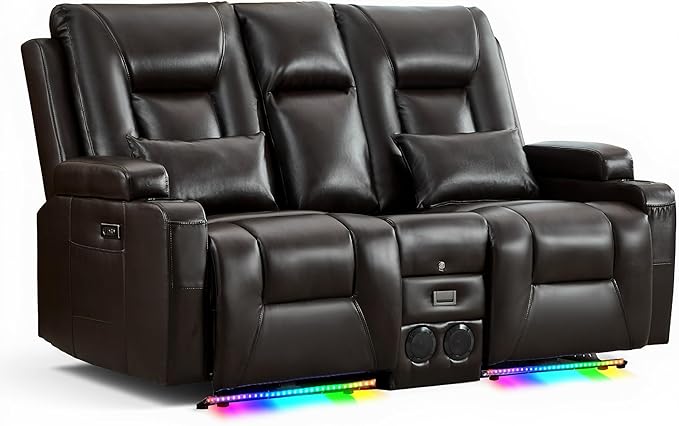 URRED Power Loveseat Recliner Sofa with Console, Wall Hugger Reclining Loveseat RV Couch with LED Light, 150° Zero Gravity Recliners Modular Couches for Living Room (Glossy Brown, 68.1'' - 2 Seats)