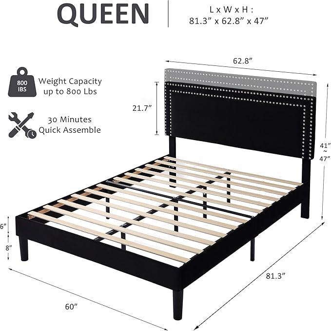 VECELO Queen Size Bed Frame with Adjustable Upholstered Headboard, Wooden Slats Platform, Noise-Free Design, Easy Assembly