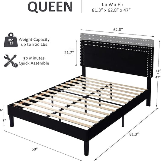 VECELO Queen Size Bed Frame with Adjustable Upholstered Headboard, Wooden Slats Platform, Noise-Free Design, Easy Assembly