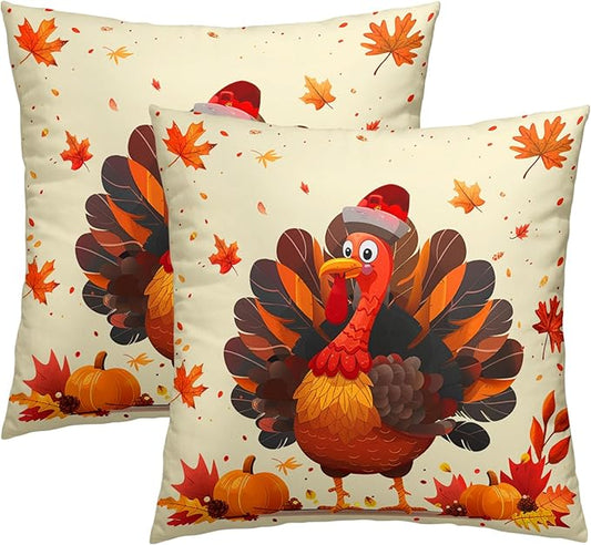 Thanksgiving Fall Pillow Covers 22x22 Happy Thanksgiving Turkey Pumpkin Maple Leaf Print Pillow Cases Set of 2 Orange Autumn Outdoor Pillowcase Thanksgiving Holiday Decor for Home Couch