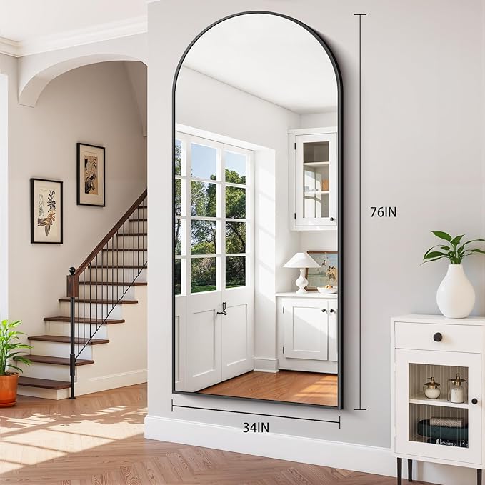 76"x34" Arched Full Length Mirror, Large Floor Mirror with Aluminum Alloy Frame Standing Hanging or Leaning Wall-Mounted Mirror, Vanity Mirror for Living Room and Bedroom,Black