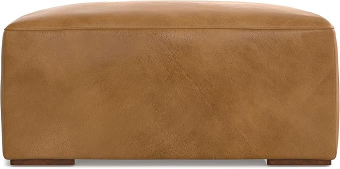 SIMPLIHOME Rex Ottoman - 34 inch Wide Upholstered Genuine Leather Square Ottoman in Sienna, Modern Bench for Living Room or Bedroom with High-Density Cushion, Assembled