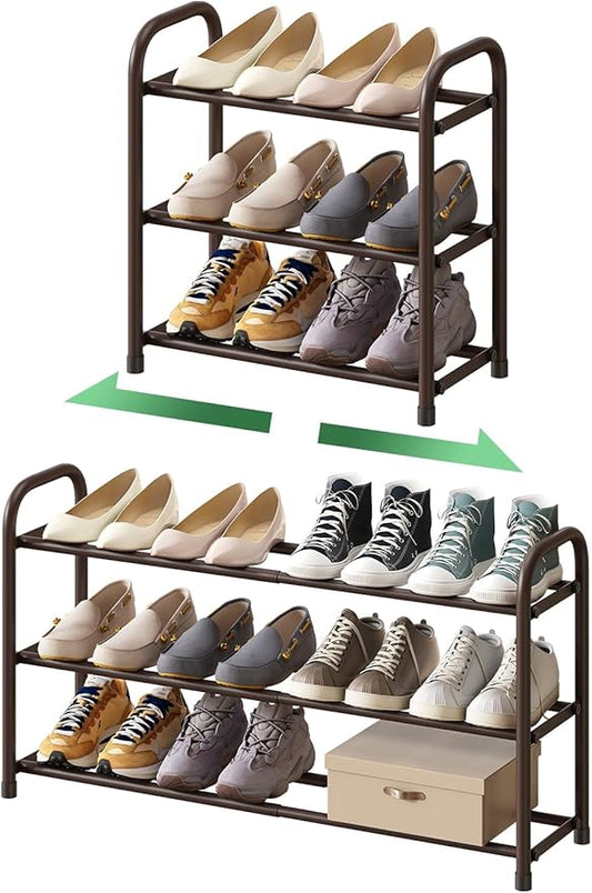 Expandable Shoe Rack for Closet, 3-Tier Shoe Organizer for Closet, Metal Adjustable Black Shoe Shelf Storage Organizer, Free Standing Shoe Rack for Entryway