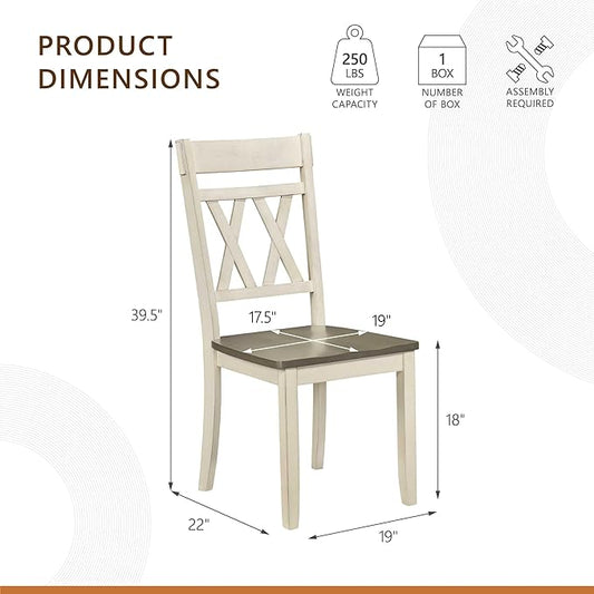 Lexicon Farmhouse Wood Dining Chair, Set of 2, Double Cross Back, Rustic Armless Chairs, Kitchen and Dining Room Furniture, Two-Tone Finish (Greywash and Antique White)