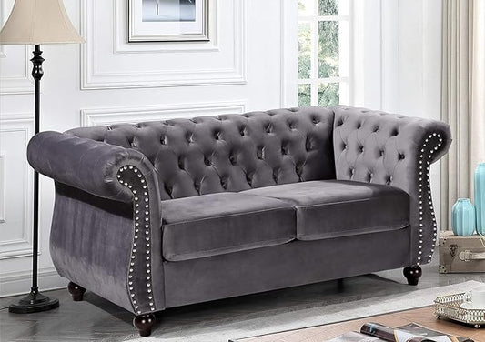 Container Furniture Direct Feinstein Modern Velvet Chesterfield Couches for Living Room with Nailheads, Diamond Tufting & Durable Metal Frame, Loveseat, Gray