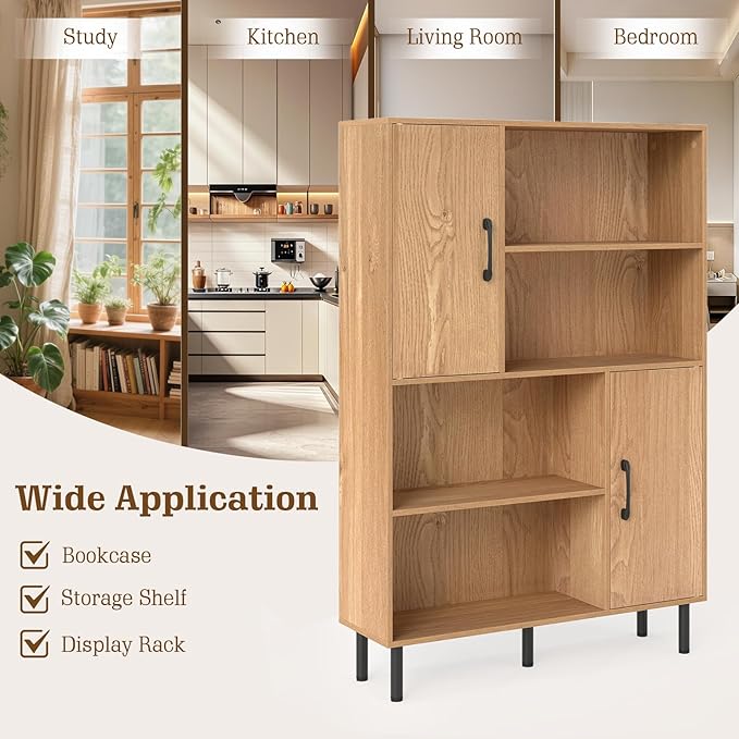 Giantex 47-Inches Storage Cabinet with Doors, Open Shelves, Anti-Tipping Device, 4-Tier Bookcase for Books & Photos, Tall Cupboard, Floor Cabinet for Living Room, Kitchen Buffet Sideboard (Natural)