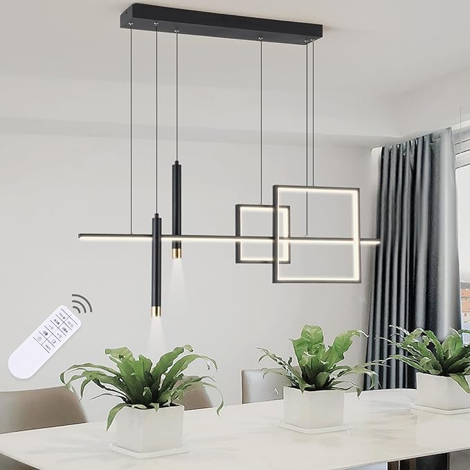 Modern LED Chandelier Lighting, Dimmable Linear Black Pendant Light with Squares, 39in Dining Room Hanging Light Fixture, Kitchen Island Pendant Light for Dining Table Bar (3000lm/50W)