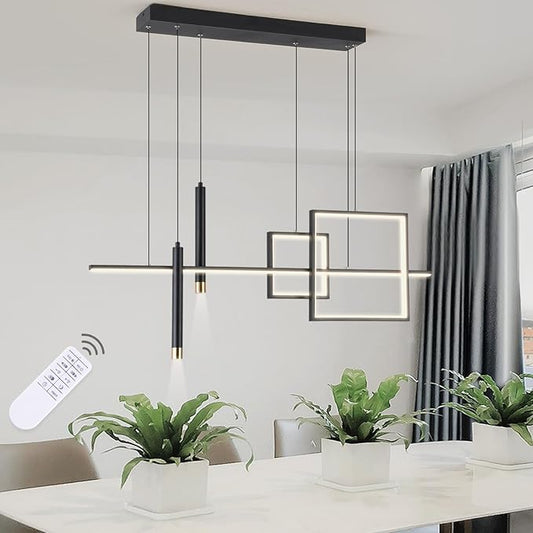 Modern LED Chandelier Lighting, Dimmable Linear Black Pendant Light with Squares, 39in Dining Room Hanging Light Fixture, Kitchen Island Pendant Light for Dining Table Bar (3000lm/50W)