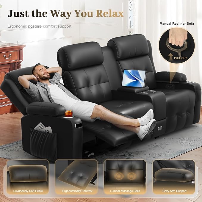 Recliner Sofa, 3 Seater Massage Reclining Loveseat Sofa Sets, 1 Lovseat Reccliner, 2 Single Power Recliner Chairs Heat & Massage, Heavy Weight Capacity, RV Clearance Couch with Console, USB, Type C