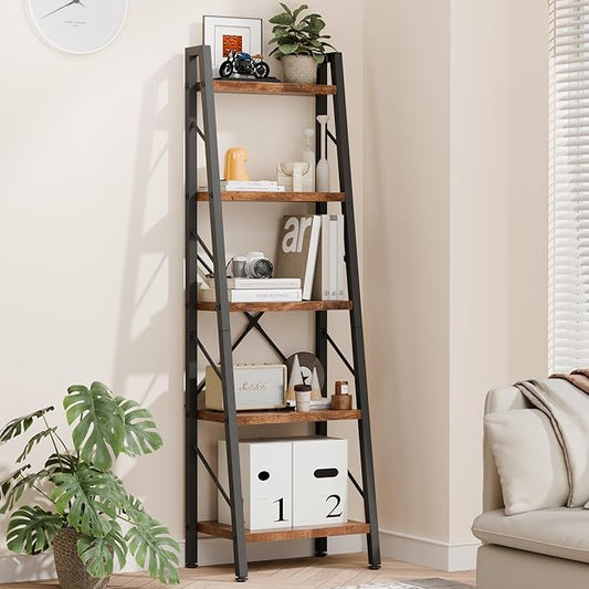 Shintenchi 5 Tier Ladder Shelf, Freestanding Corner Storage Shelves with Adjustable Feet and Anti-Falling Kit, Industrial Bookcase for Living Room, Bedroom, and Home Office, Rustic Brown