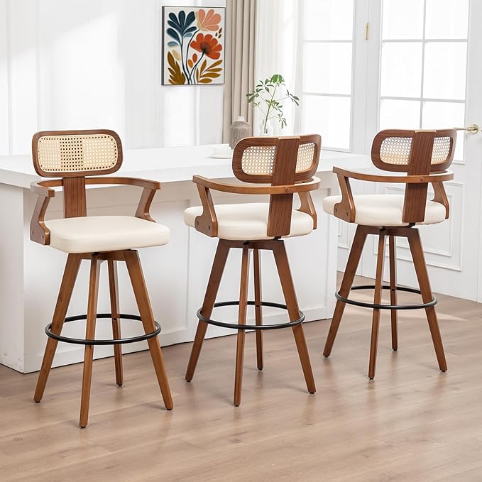 Set of 3 Counter Height Bar Stools - 27 inch Swivel Counter Stools with Walnut Craftsmanship, Cane Back, Upholstered Faux Leather, Kitchen Island Stools for Island/Pub/Kitchen (27" Seat Height, Beige)