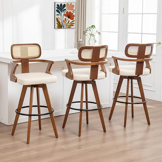Set of 3 Counter Height Bar Stools - 27 inch Swivel Counter Stools with Walnut Craftsmanship, Cane Back, Upholstered Faux Leather, Kitchen Island Stools for Island/Pub/Kitchen (27" Seat Height, Beige)