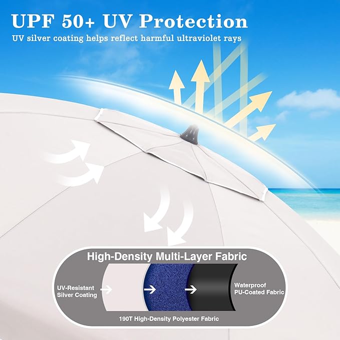 Duerer 7.5FT Beach Umbrella with Sand Anchor–Heavy Duty Windproof UPF 50+ Sun Shade, Portable Travel Beach Umbrella with Tilt & Carry Bag for Beach, Sand, Garden, Patio, Pool (Beige)