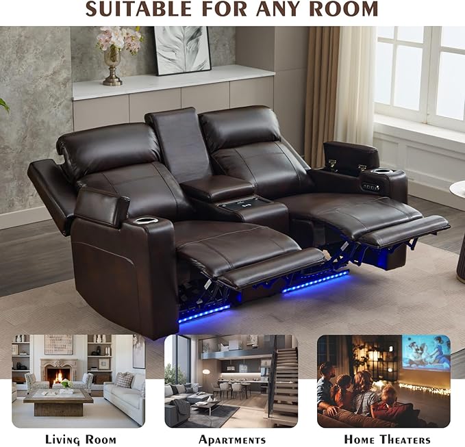 Power Reclining Loveseat with Console, Power Loveseat Recliner Sofa with Adjustable Headrest/LED Light/Wireless Charging/Arm Storage, Power Recliner Loveseat for Living Room (Brown, 2 Seater)