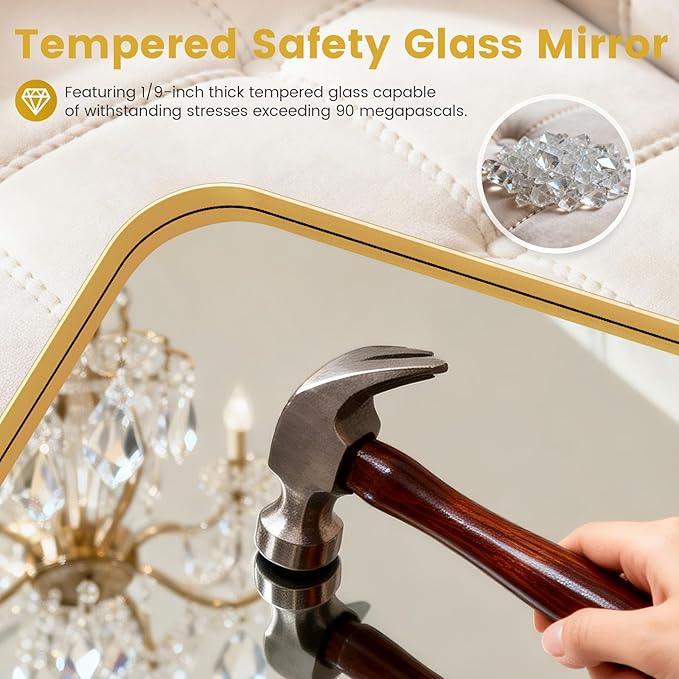 24X32 Inch Gold Metal Framed Bathroom Mirror for Wall, Gold Rounded Rectangle Mirror, Brushed Gold Bathroom Vanity Mirror Farmhouse, Anti-Rust, Tempered Glass, Hangs Horizontally or Vertically