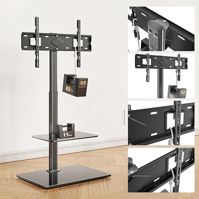 WALI TV Floor Stand for 32-70inch TVs up to 88lbs, Universal Floor TV Stand Mount, Swivel and Height Adjustable Tall TV Stand with Tempered Glass Base and Shelf for Living Room,Bedroom,Office(TVDVD-6)