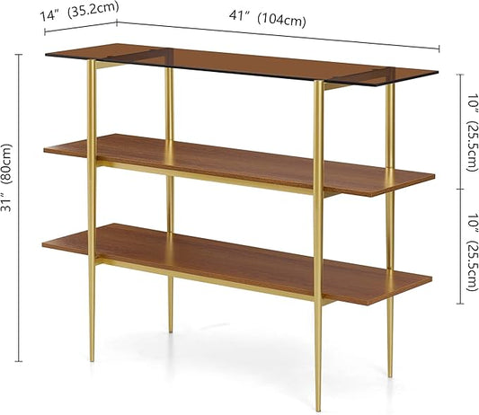 Glass Console Table for Living Room, Foyer & Entryway, L41 x W14 x H31 Inch, 3-Tier Mid-Century Modern Sofa Table with Amber Glass Top, Walnut Finish Wood Shelf and Gold Finish Frame
