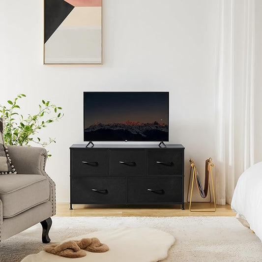 OLIXIS 5 Drawers Dresser for Bedroom, Fabric Storage Tower for Living Room, Entryway, Sturdy Steel Frame, Wooden Top & Easy Pull Fabric Bins