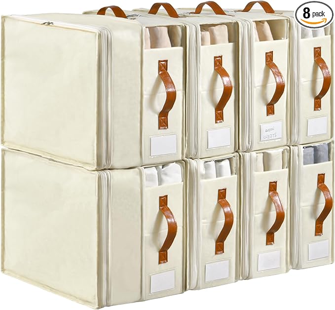 Bed Sheet Organizers and Storage, 8 Pack Linen Closet Organizers with Adjustable Zipper, Foldable Bedding Storage for Queen or King Size Bedsheets, Duvet Covers and Pillows