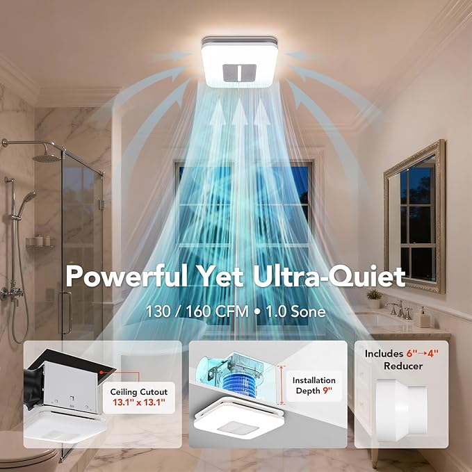 OREiN Matter Smart Bathroom Fan with Light – Humidity Sensor & Dual Bluetooth Speakers, 130–160 CFM Ventilation, Ultra-Quiet 1.0 Sone, Tunable White & Custom RGB, Works with Alexa & Google Home