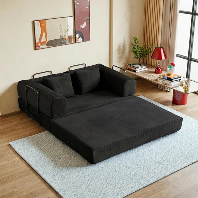 59in Convertible Sofa Bed, Corduroy Boneless Couch Bed, Futon Sleeper Sofa Pull Out Bed, Foldable Couch for Living Room Apartment, No Assembly Required