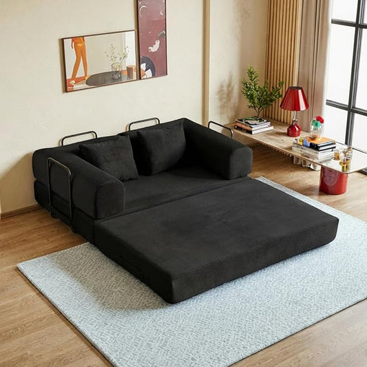 59in Convertible Sofa Bed, Corduroy Boneless Couch Bed, Futon Sleeper Sofa Pull Out Bed, Foldable Couch for Living Room Apartment, No Assembly Required
