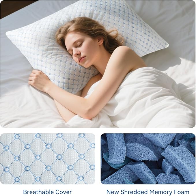 Cooling Bed Pillows for Sleeping Set of 2, Shredded Memory Foam Pillows for Bed King Size 2 Pack, Adjustable Cool Pillows for Side, Back and Stomach Sleepers Neck Supportive